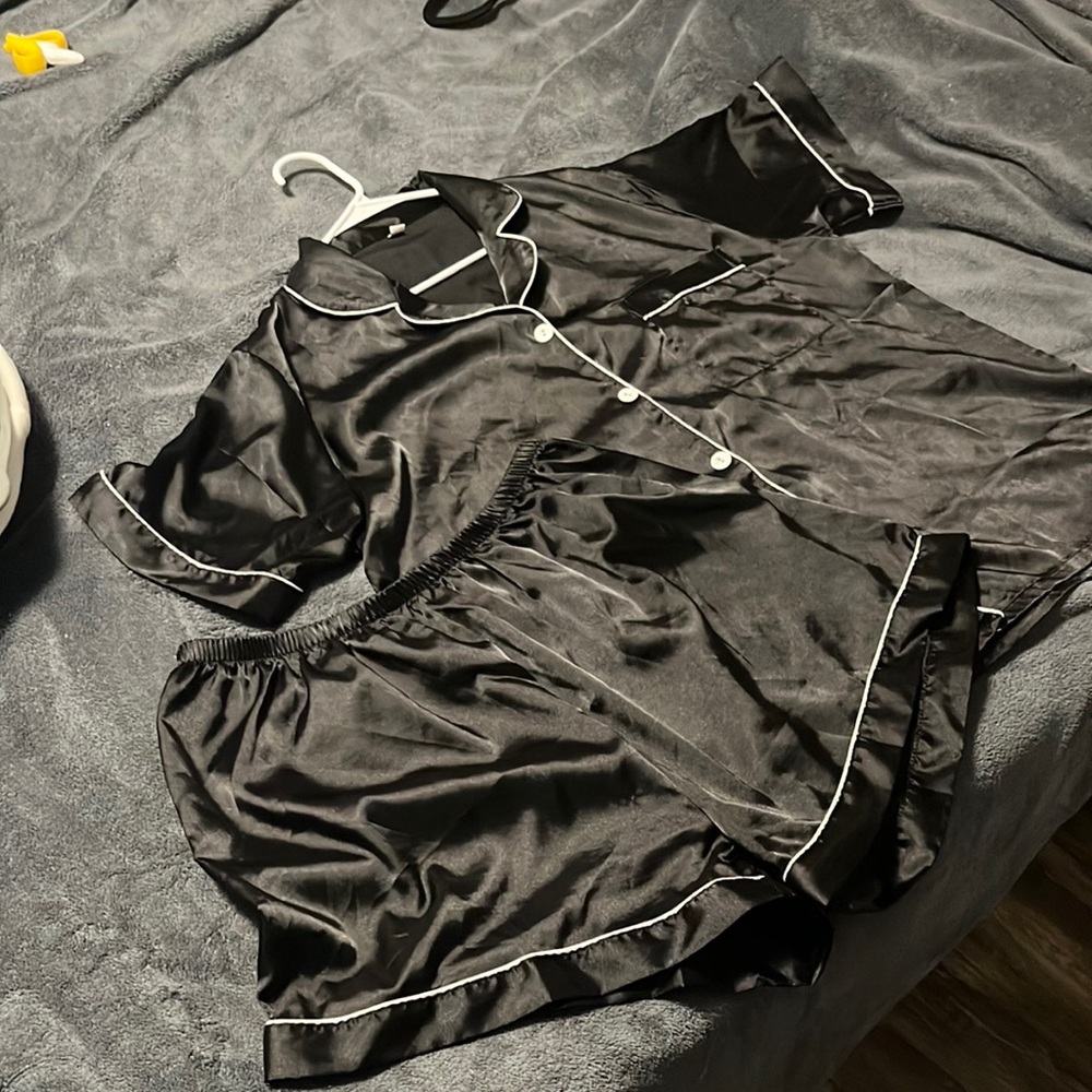 Black Satin Pajama Top and Shorts with White Piping
